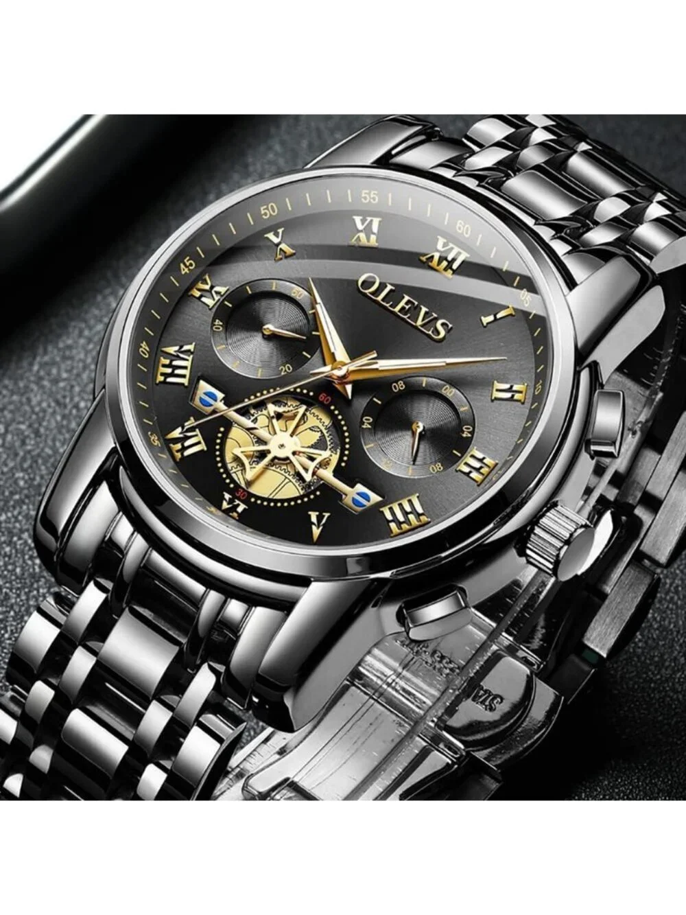 Olevs Men's Black Gold Multifunction Waterproof Luminous Chronograph Wrist Watch